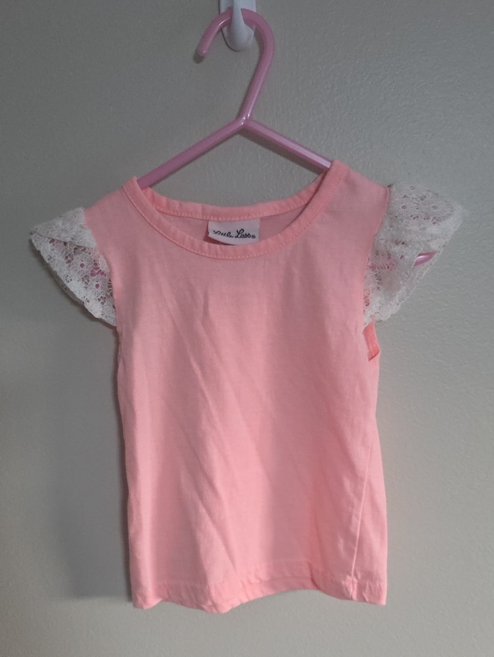 Little Lass Pink Tee with White Lace Cap Sleeves